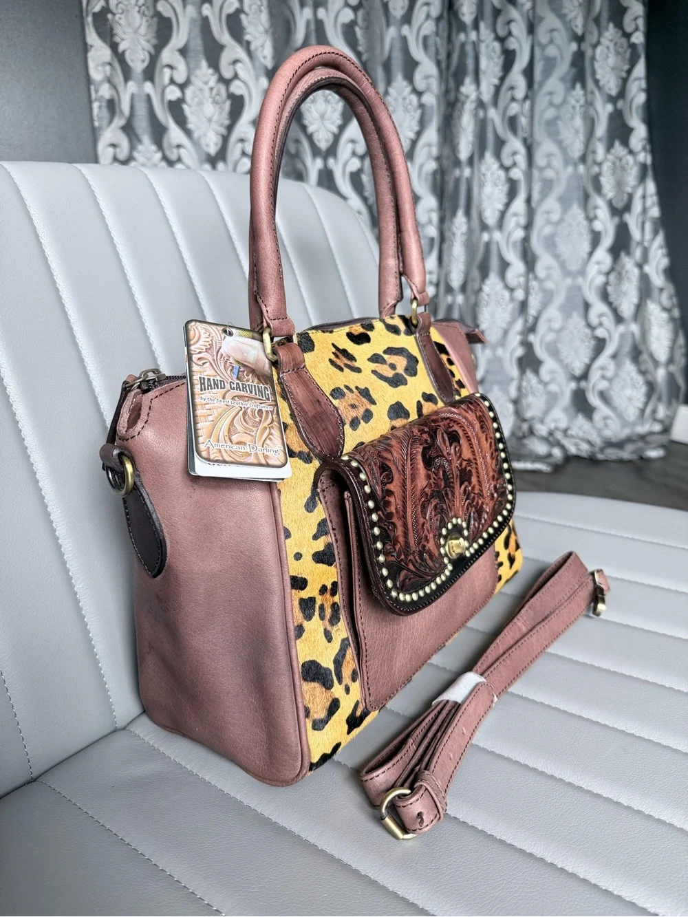 American Darling Leopard Tooled Leather Hair on Hide Cowhide Conceal Carry Bag